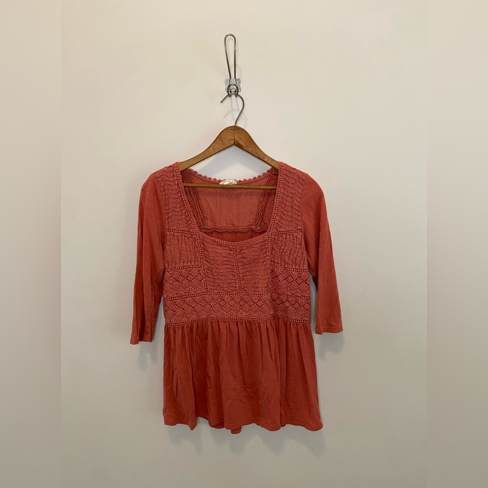 Meadow Rue Rust-Pink Crochet Smocked Peasant Shirt